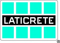 The Laticrete logo in white text on a black rectangle. Four blue squares sit above the "Laticrete" name. An additional four sit below the name.