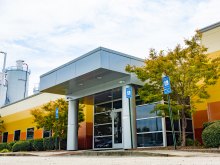 A brightly colored entrance to a manufacturing facility.